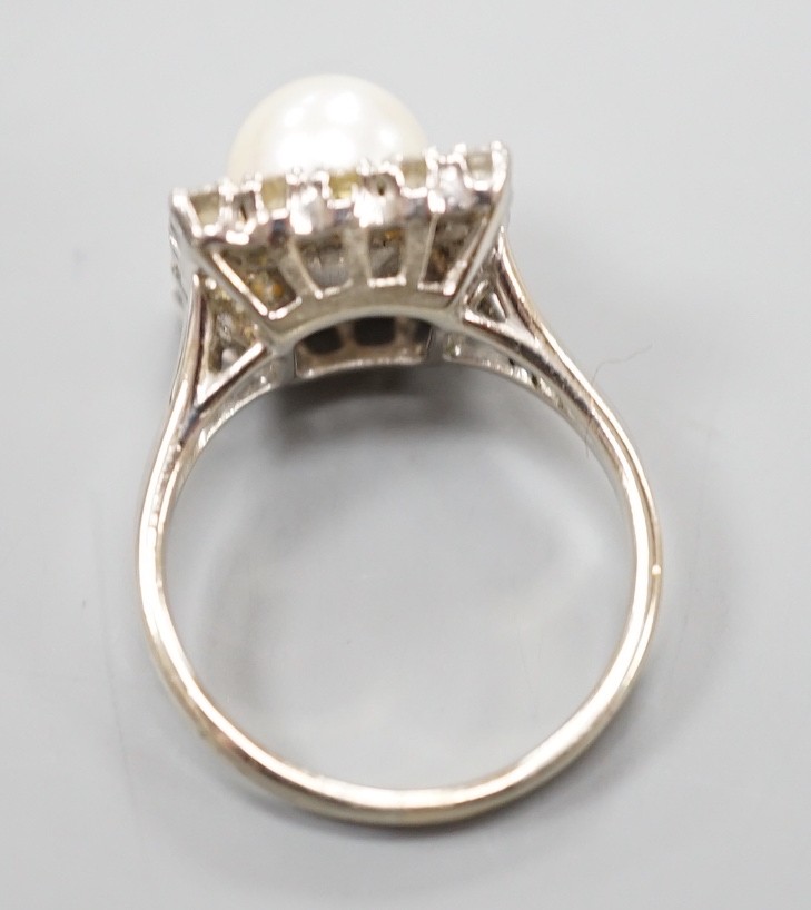 A white metal, cultured pearl and diamond set square cluster ring, size M, gross weight 5.5 grams.